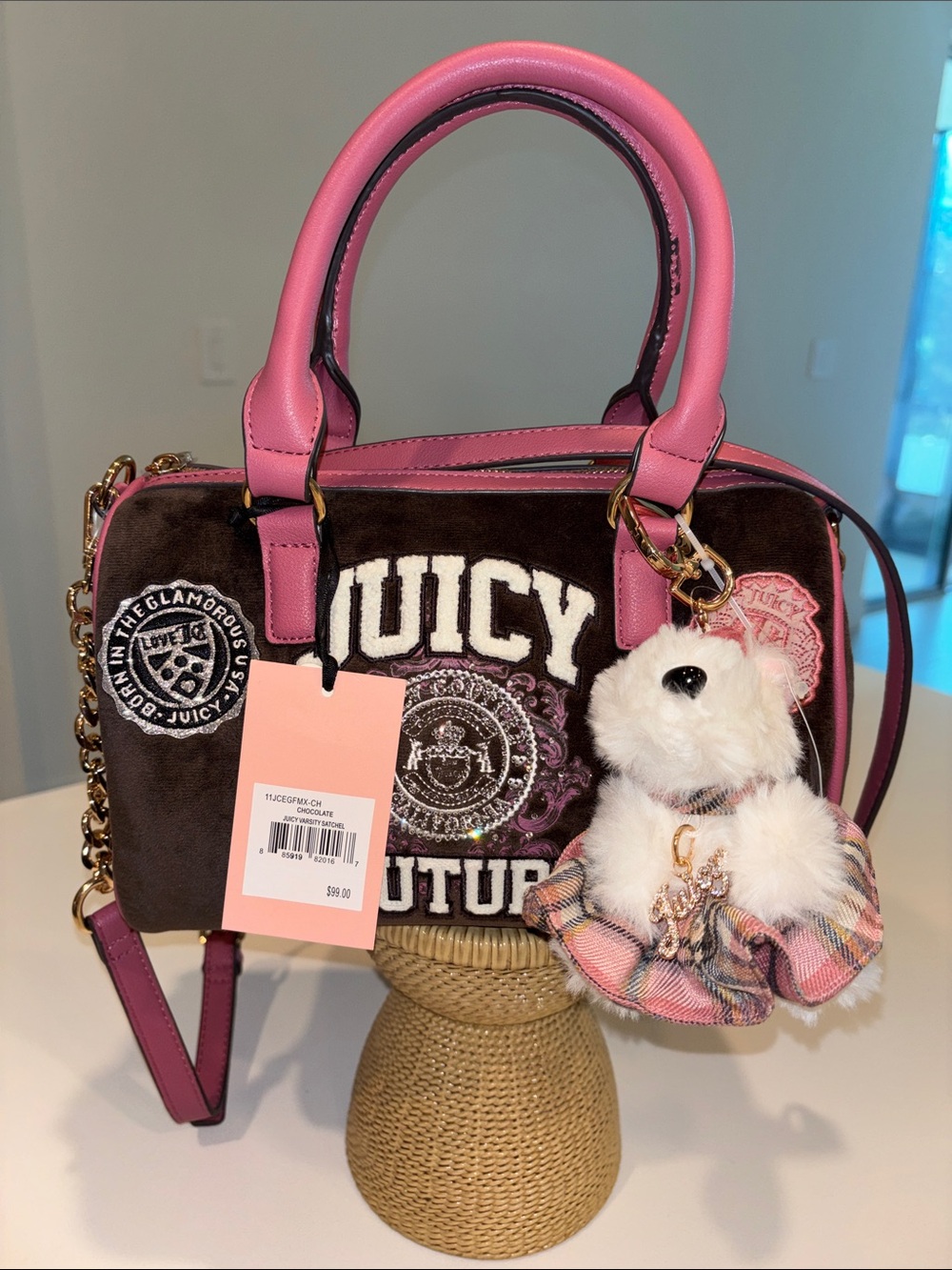 Juicy Couture Pink and Brown Velvet Logo Mini Satchel with Dog Charm